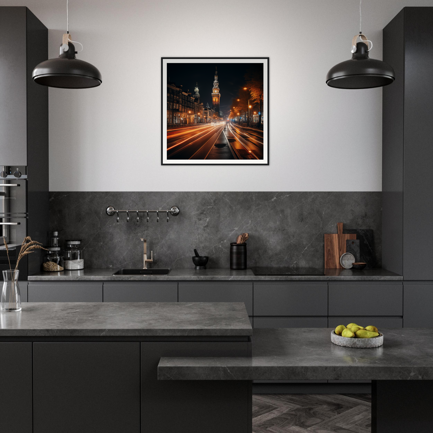 Modern dark gray kitchen featuring Clockwork City Glow framed poster and industrial lights