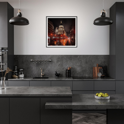 Modern dark gray kitchen featuring industrial lights and Majestic Night Reverie art