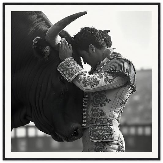 Matador in embroidered jacket connects with bull in Beastly Symbiosis Reverie art