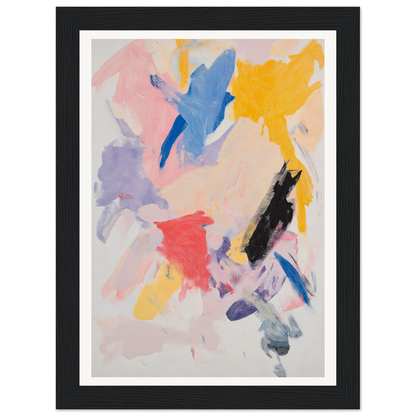 Framed wall art with bold brushstrokes in yellow, blue, pink, red, and black hues.