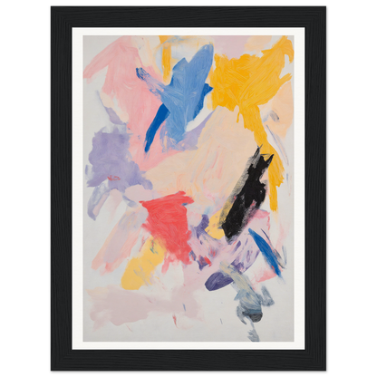 Framed wall art with bold brushstrokes in yellow, blue, pink, red, and black hues.