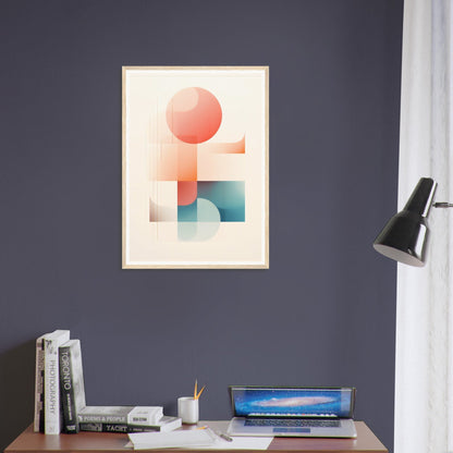 Abstract geometric artwork featuring a red circle and teal shapes on a light background.