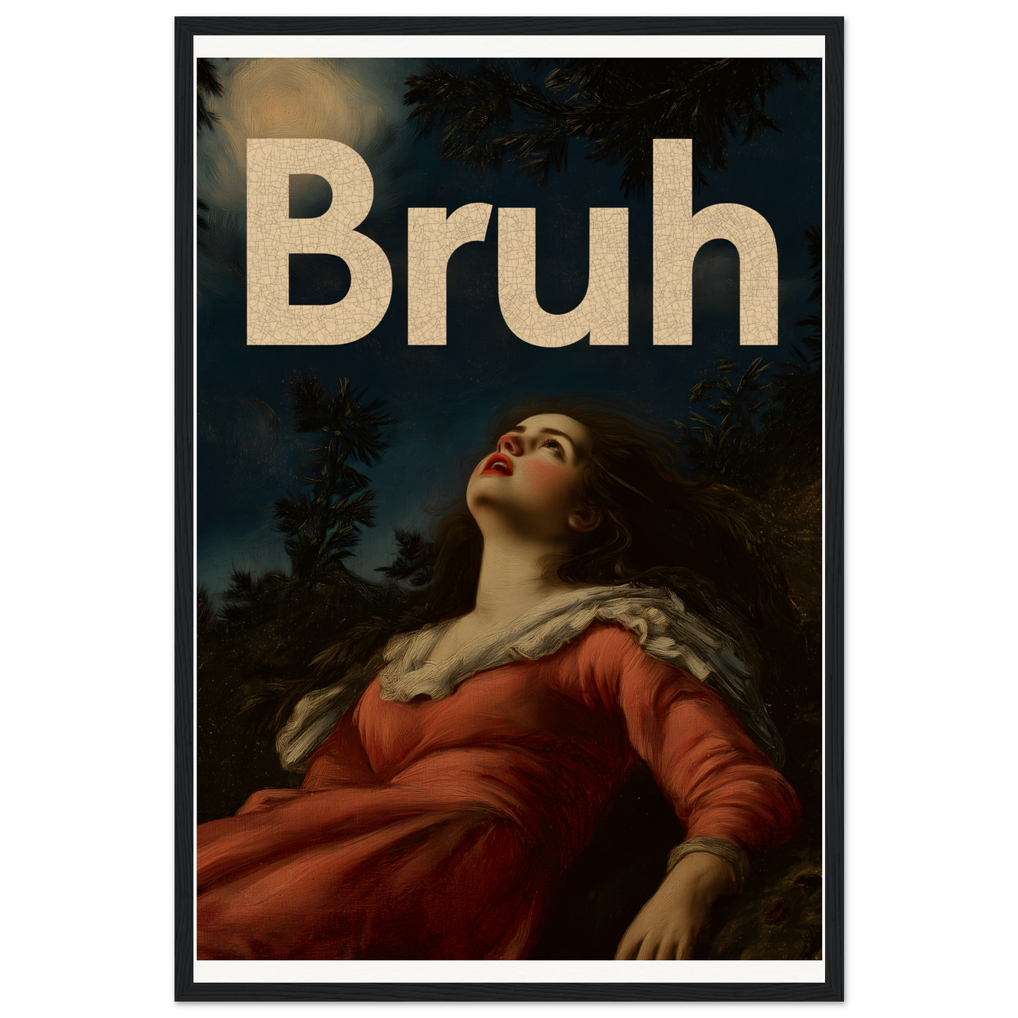 Elegant "Bruh" framed wall art featuring a dreamy figure under a moonlit sky, perfect for modern home decor and cool room style.