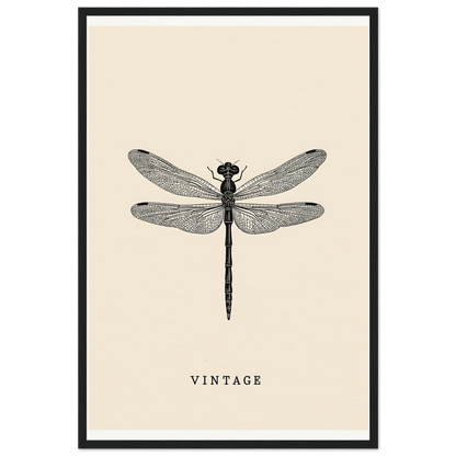 Vintage dragonfly framed wall art, black print on beige, perfect for home decor and cool room style.