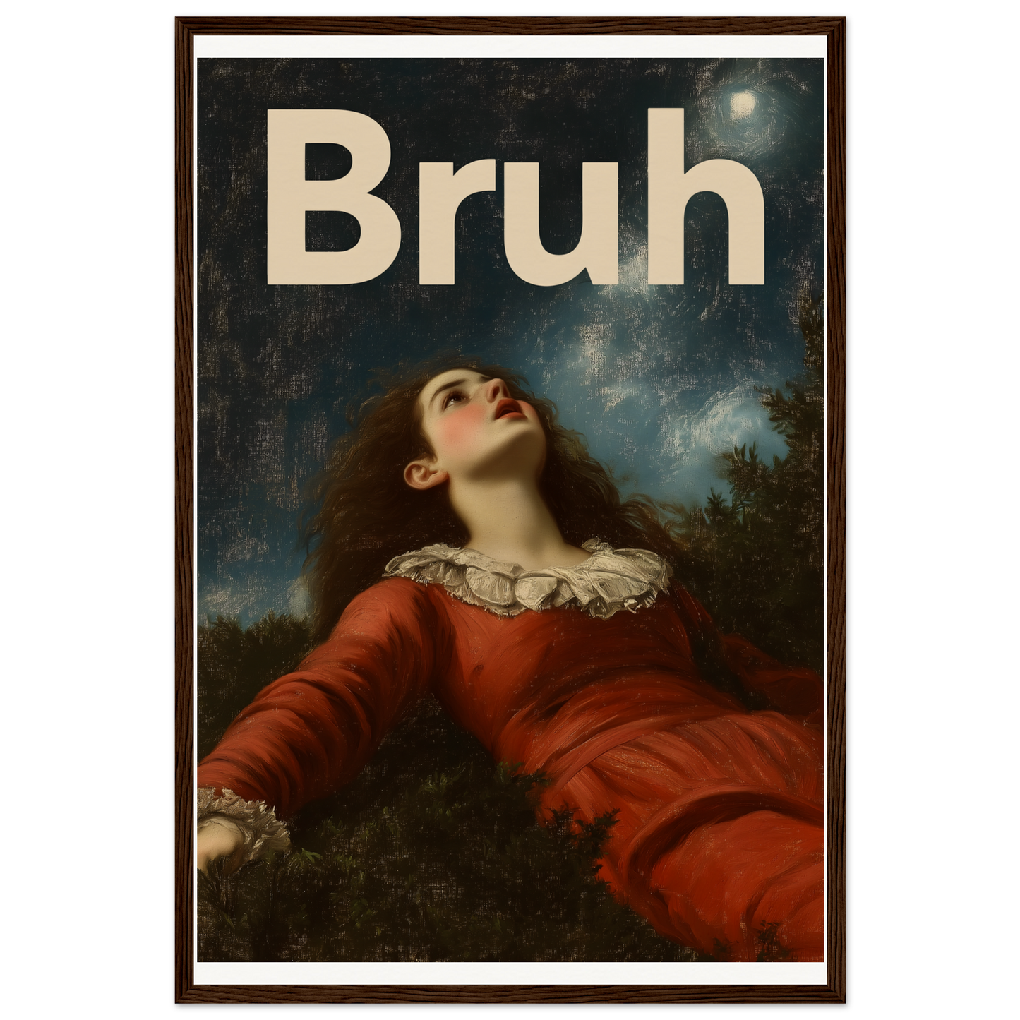 Framed wall art titled "Bruh Night Bewilderment" featuring a classic portrait with modern text, perfect for cool home and room decor.