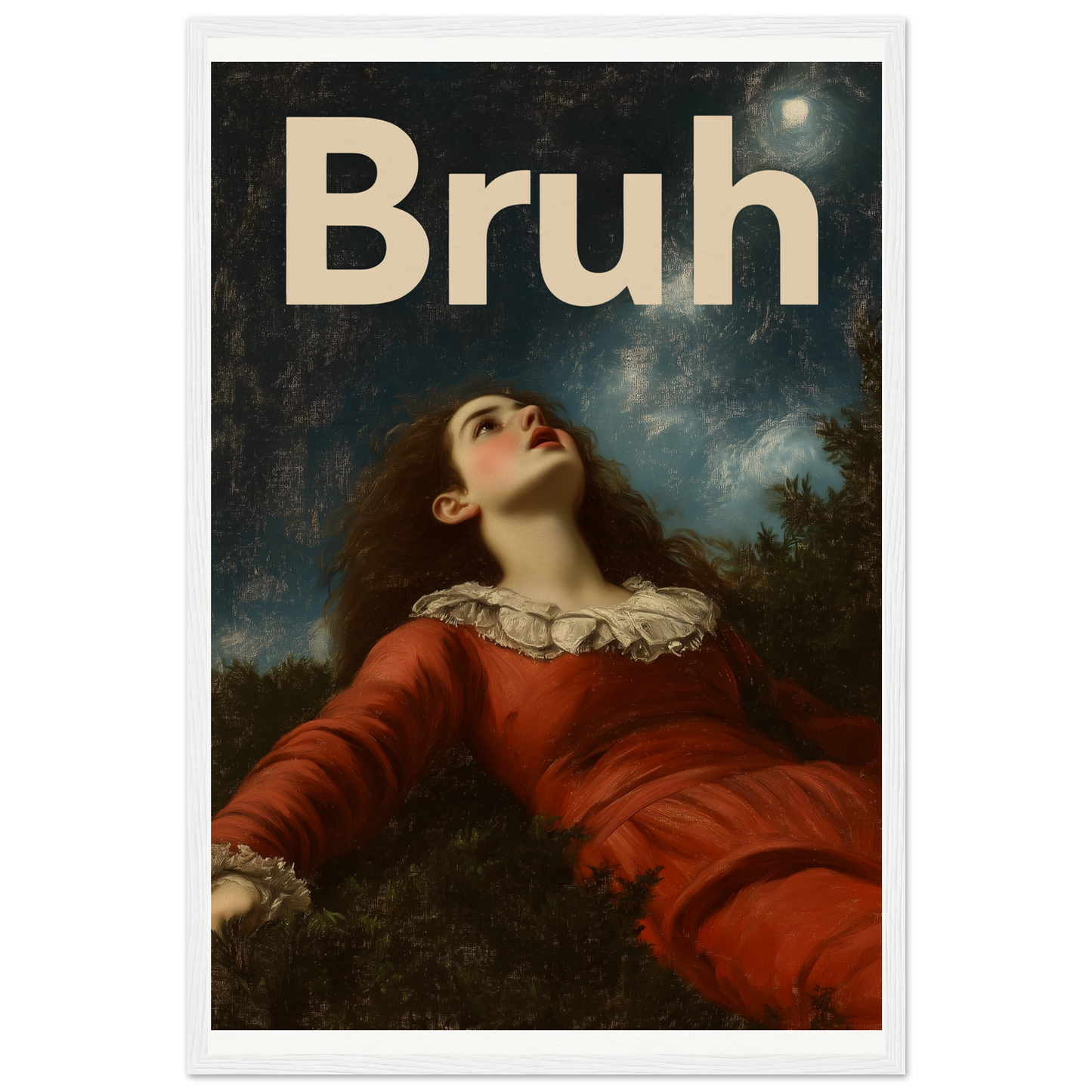 Elegantly framed "Bruh Night Bewilderment" art piece, blending classic elegance and humor, perfect for stylish wall and home decor.