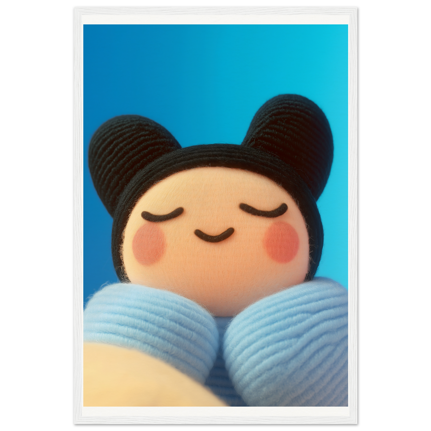 Framed Skybound Plush Reverie wall art featuring a whimsical smiling plush figure against a vibrant sky, perfect for cool room decor