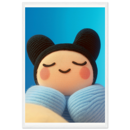 Framed Skybound Plush Reverie wall art featuring a whimsical smiling plush figure against a vibrant sky, perfect for cool room decor