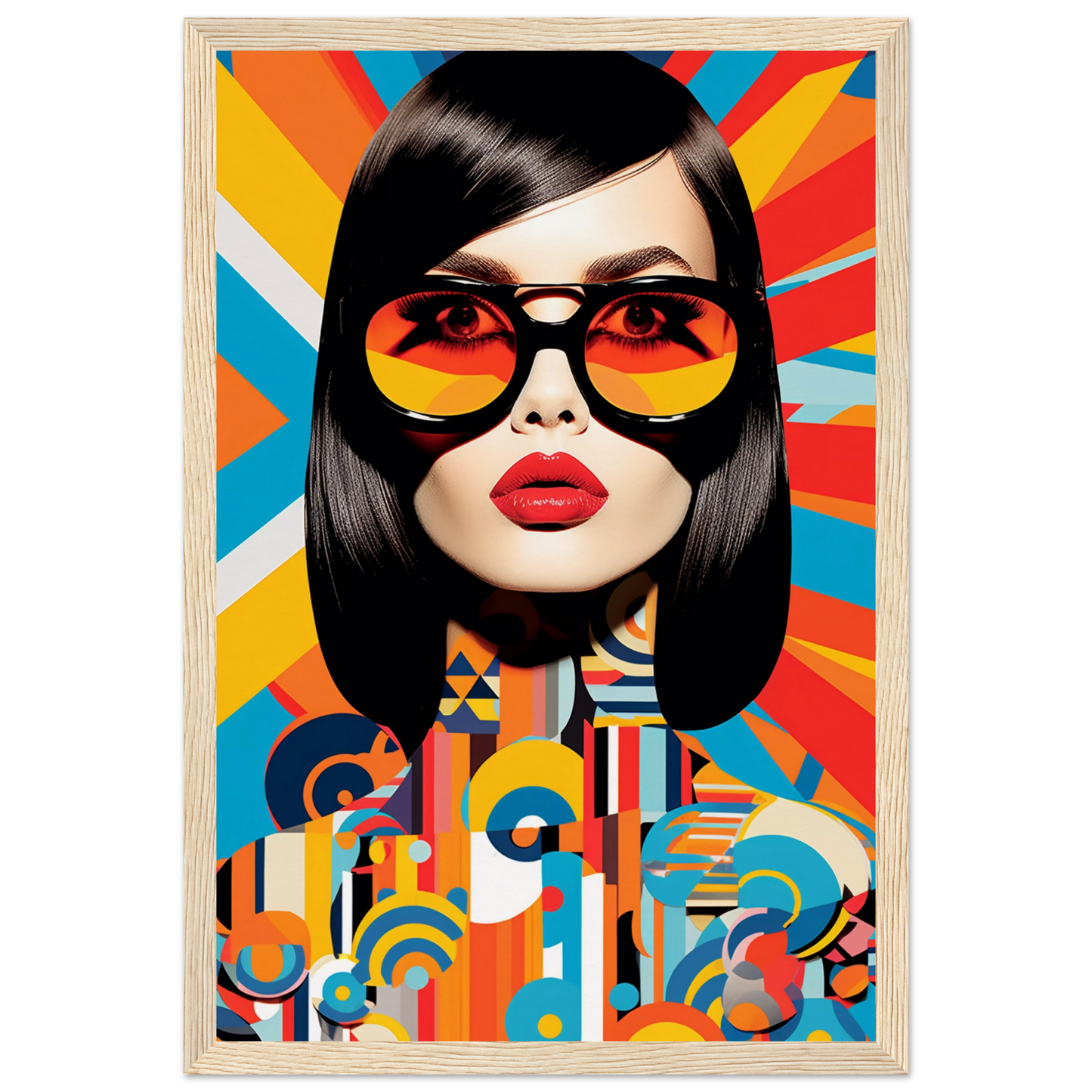 Stylized portrait of a woman with sunglasses against a colorful geometric background.