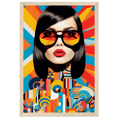 Stylized portrait of a woman with sunglasses against a colorful geometric background.