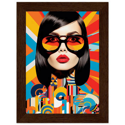 Pop art style portrait of a woman with sunglasses and vibrant geometric patterns.