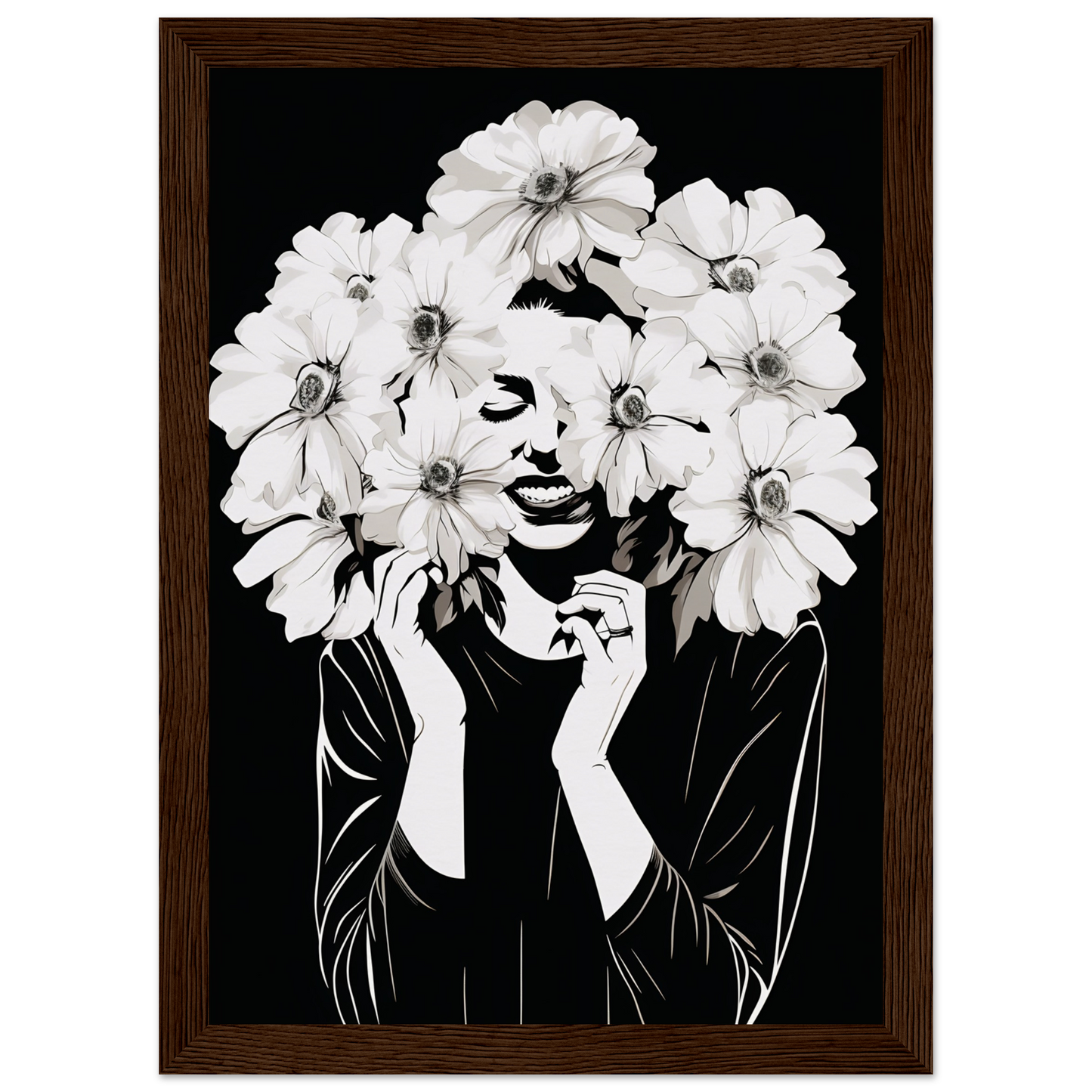 Artistic portrait of a figure with white flowers forming their hair and obscuring parts of their face.