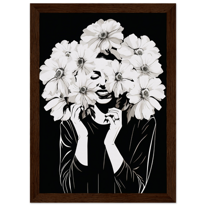 Artistic portrait of a figure with white flowers forming their hair and obscuring parts of their face.