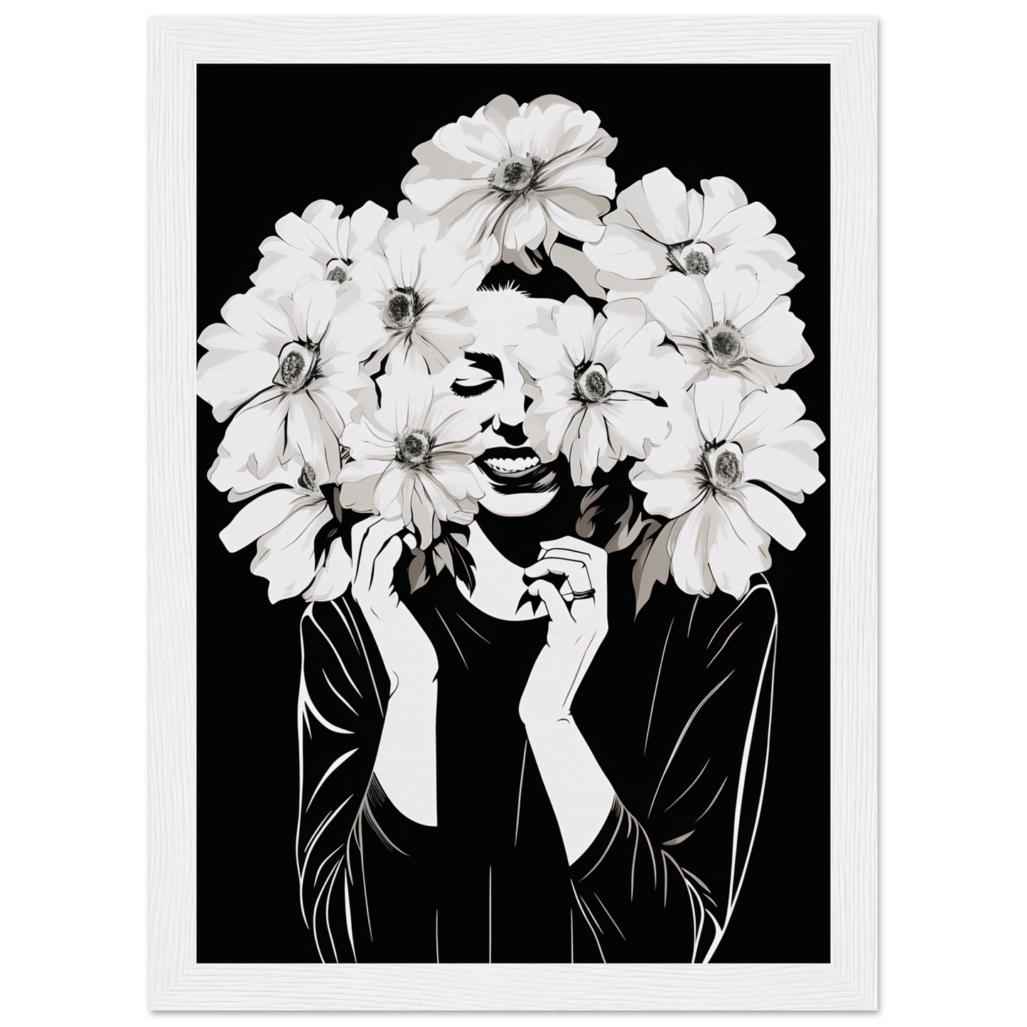 Artistic portrait of a figure with white flowers forming their hair and framing their face.