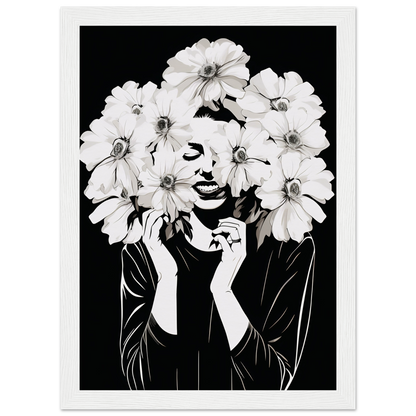 Artistic portrait of a figure with white flowers forming their hair and framing their face.