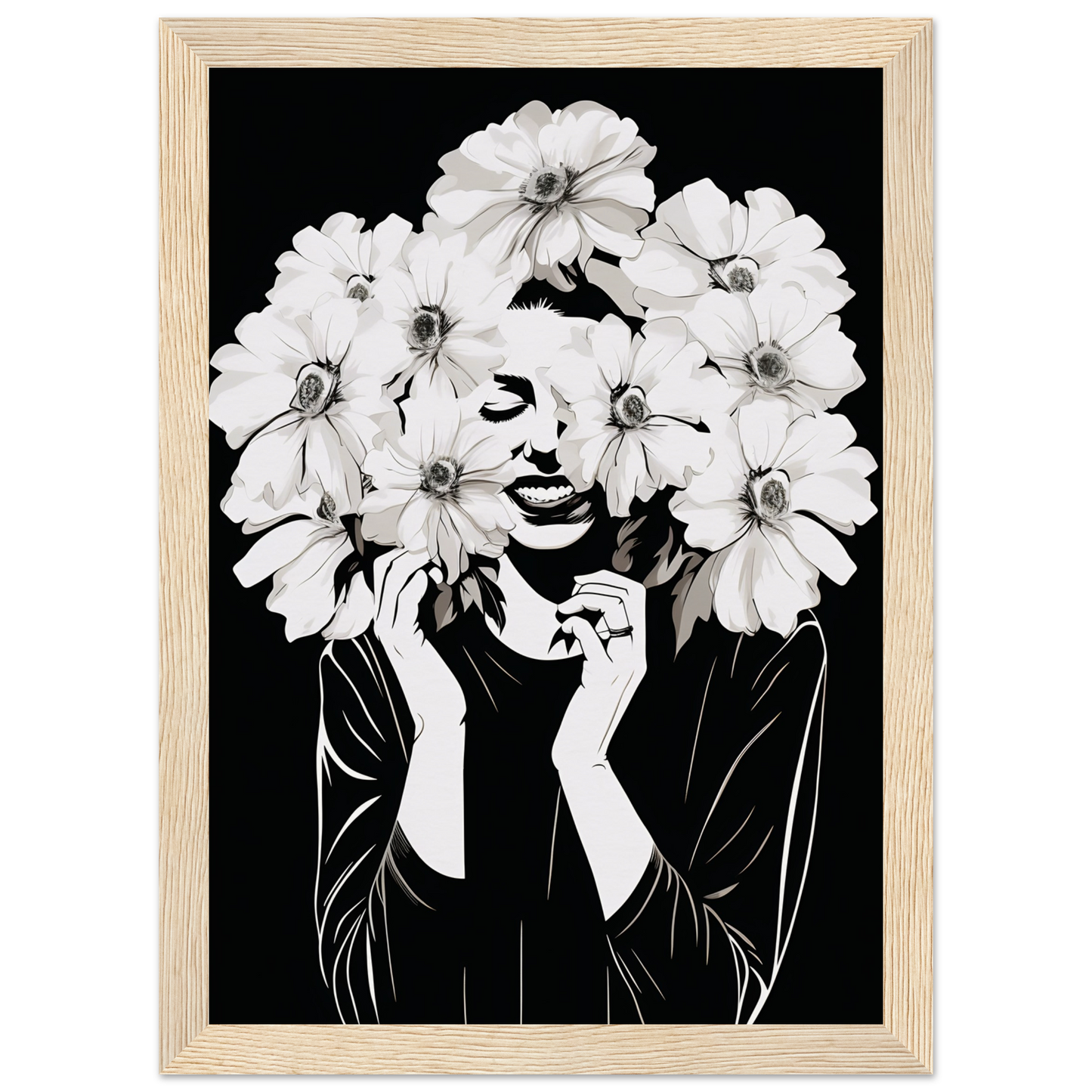 Artistic portrait of a figure with white flowers forming their hair against a black background.