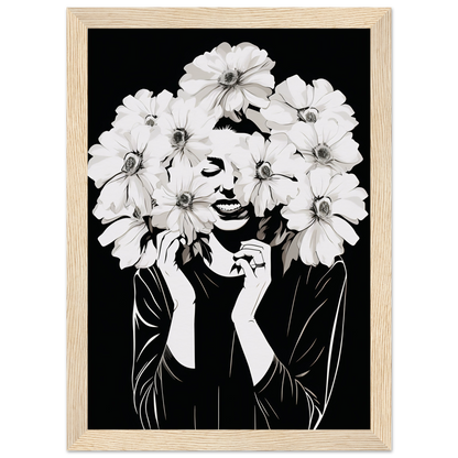 Artistic portrait of a figure with white flowers forming their hair against a black background.