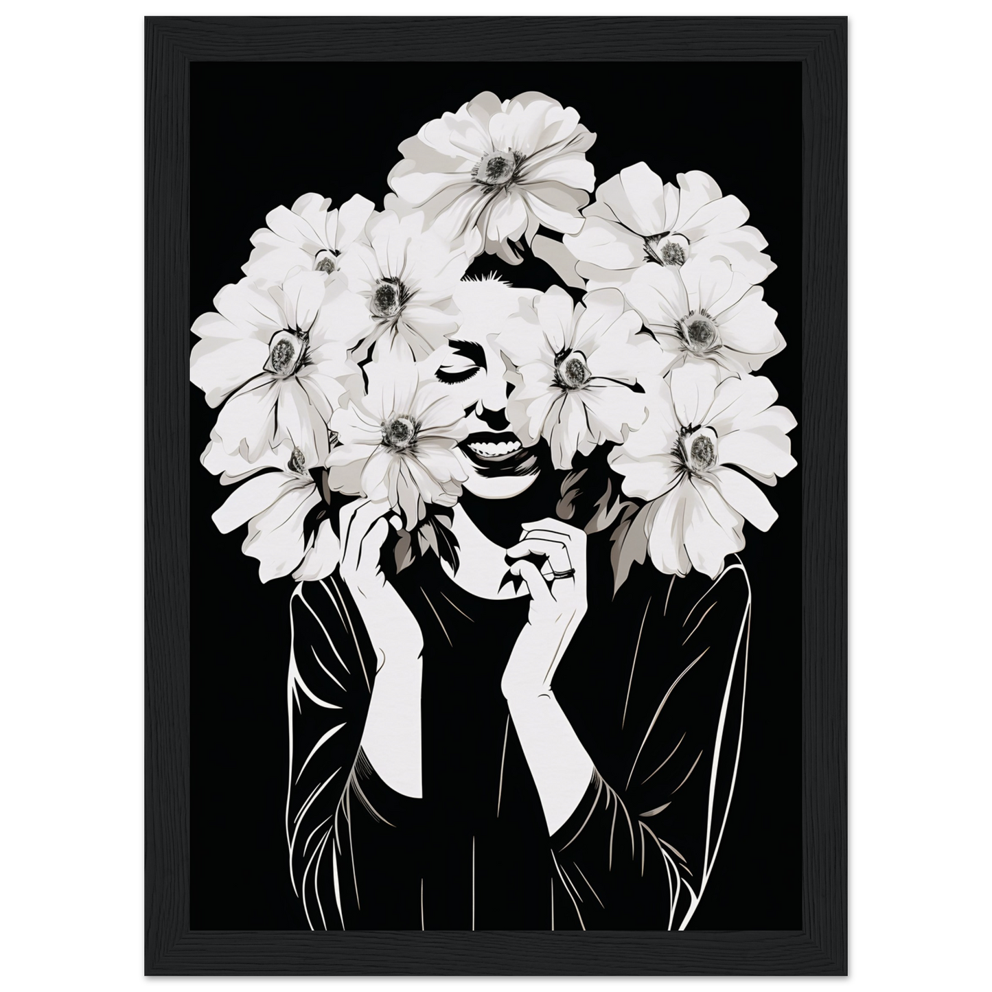 Black and white artistic portrait of a figure with white flowers forming their hair and framing their face.