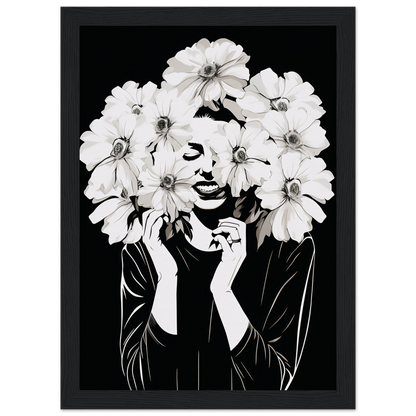 Black and white artistic portrait of a figure with white flowers forming their hair and framing their face.