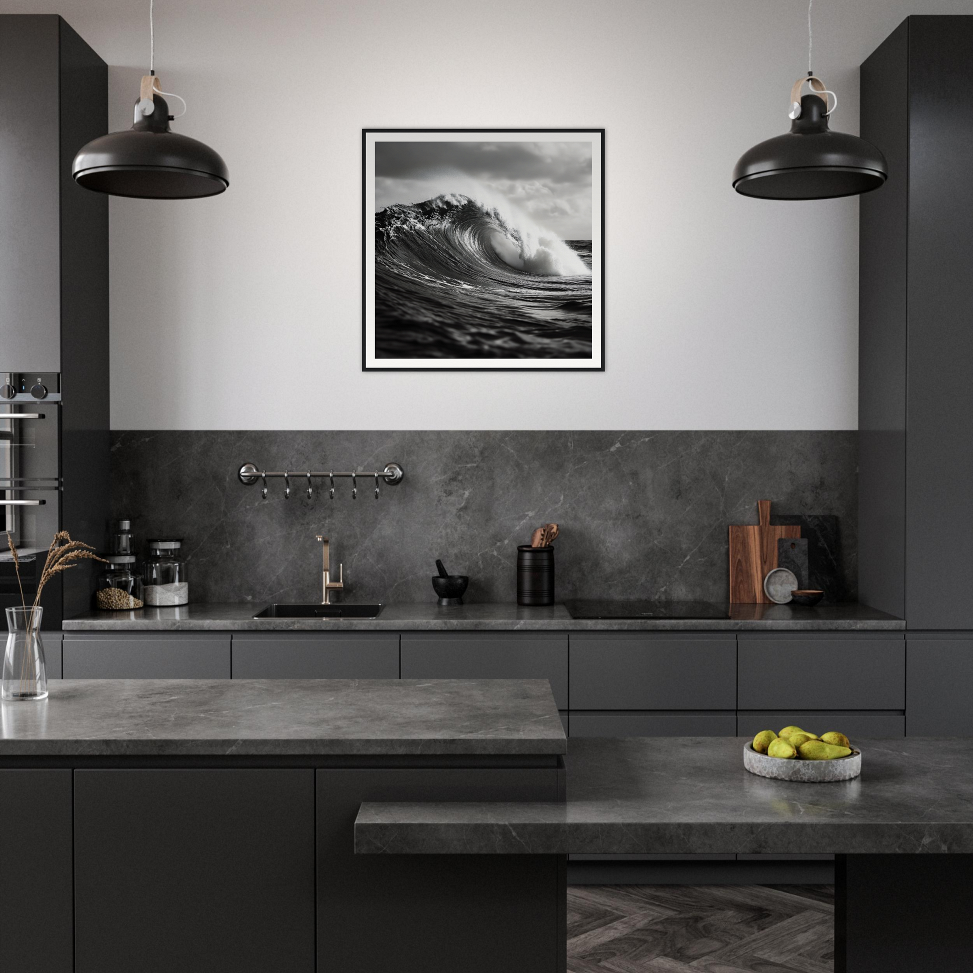 Modern dark gray kitchen featuring Sea’s Thunderous Elegy framed poster and industrial lights