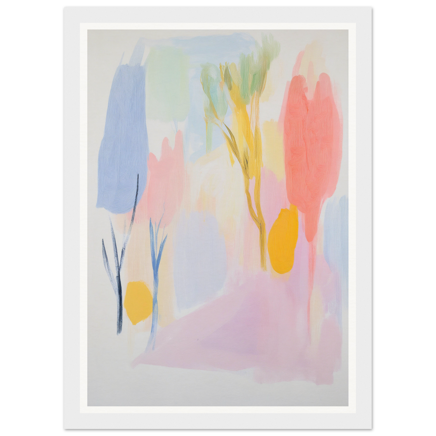 Framed abstract art with pastel shapes and lines for stylish room decor.