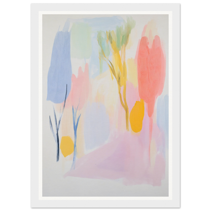 Framed abstract art with pastel shapes and lines for stylish room decor.