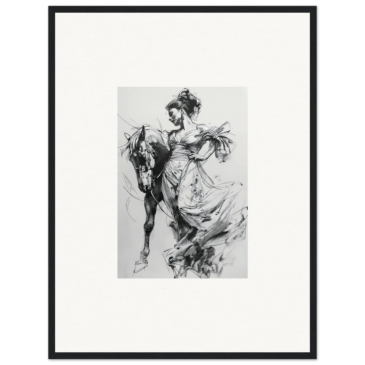 Dynamic black and white sketch of a figure in flowing dress with horse from Stardust Morph Whimsy