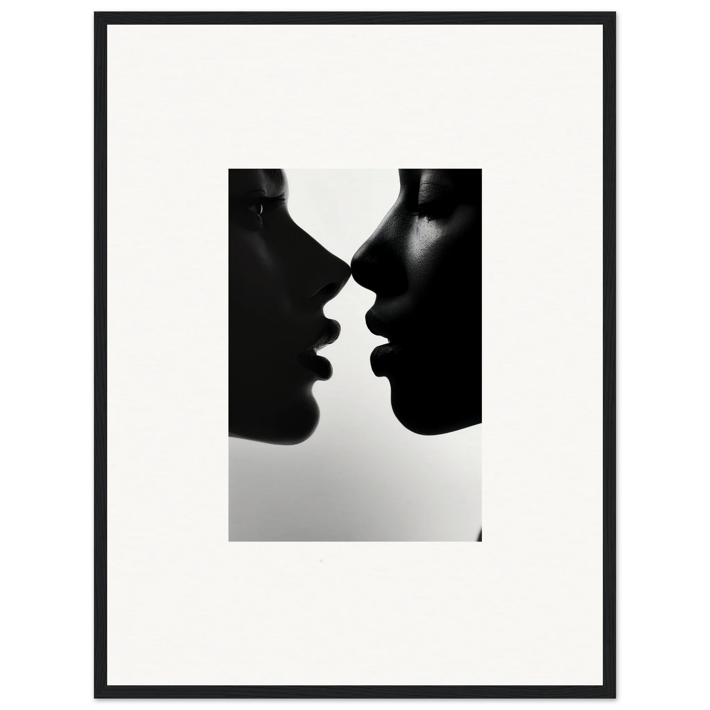 Two silhouetted profiles nearly kissing in Narcissus Mirror Haze framed wall art