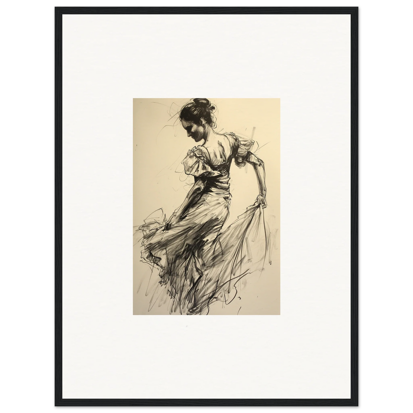 Expressive charcoal sketch of flowing dress in motion, part of Shadow Waltz special edition art™