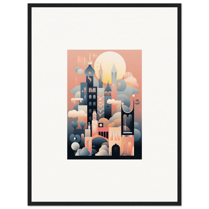 Abstract geometric cityscape in soft pink and blue for Ephemeral Castle Whispers art™