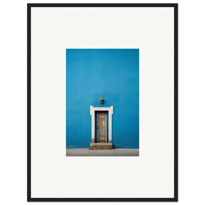 Wooden door with white trim on a bright blue wall in the Eternal Cerulean Cloister