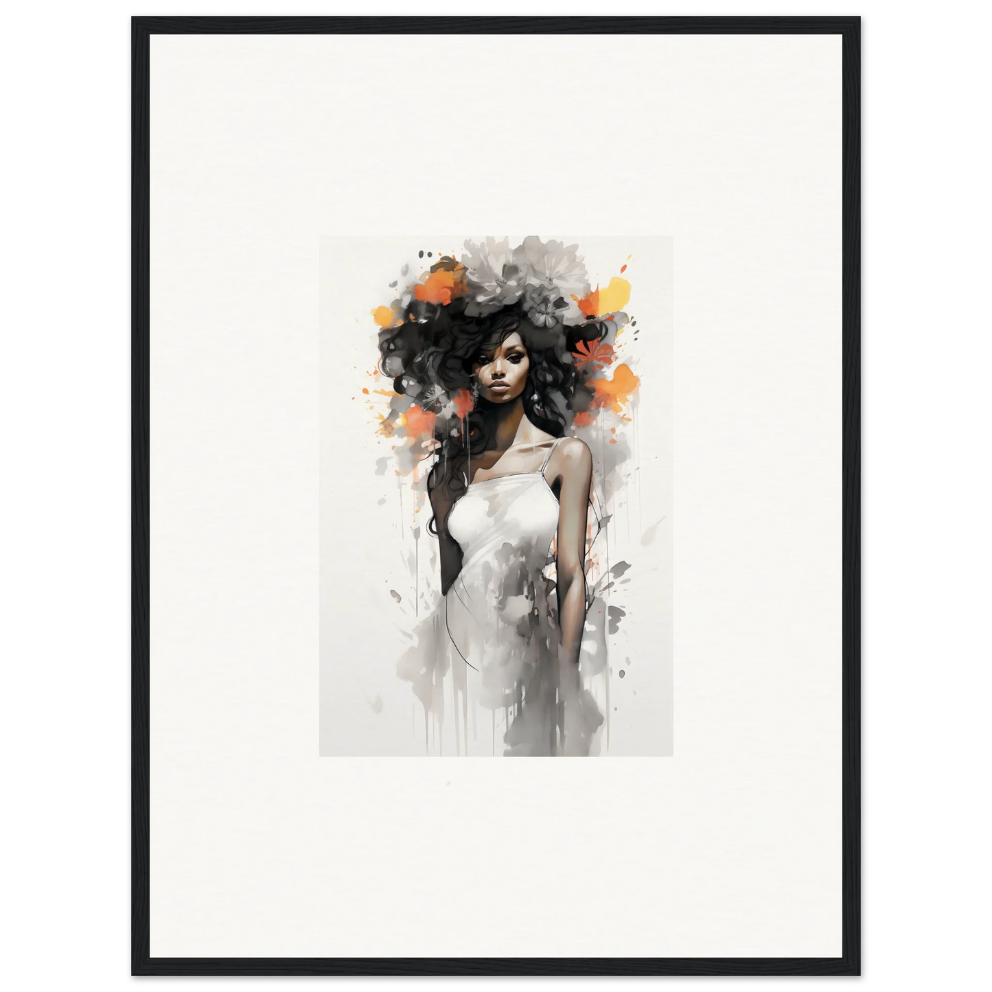 Artistic watercolor portrait with black hair, white dress, and orange-gray accents in Ethereal Echoes Blossoms