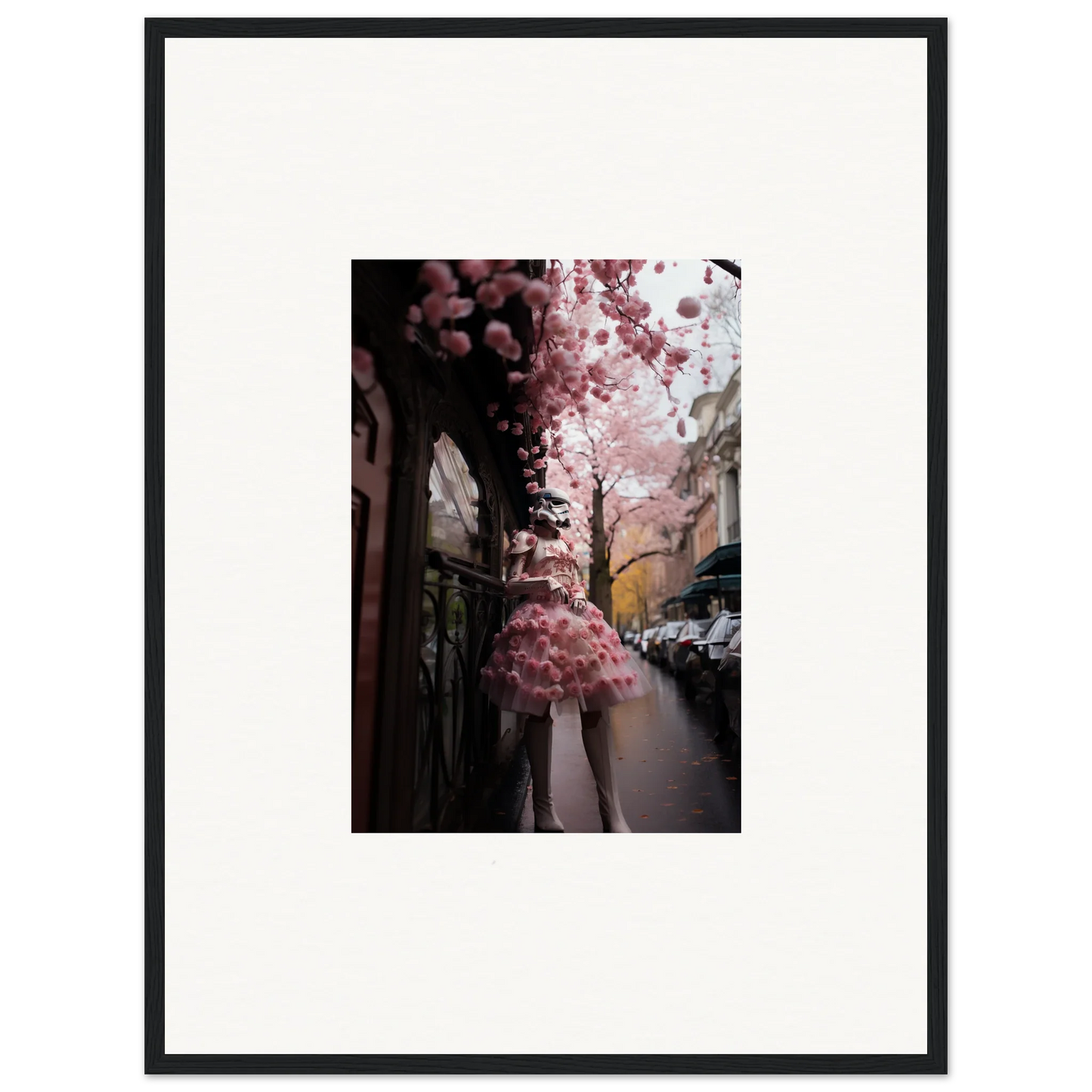 Cherry blossom tree in bloom over city street, Petal Eccentricity Revealed framed art