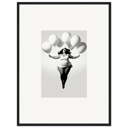 Artistic black and white photo of a figure with balloons for Rosy Liberties Soar framed wall art