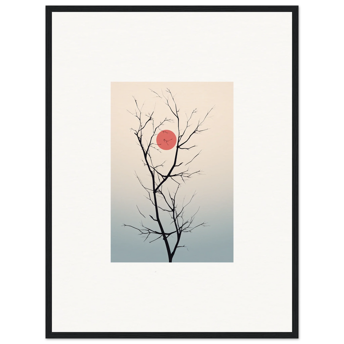 Bare tree branches silhouetted against a red sun in Serene Eclipse wall art