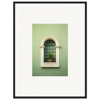 Arched window with white trim and plant, part of the Eggshell PandæmonIA Bliss art