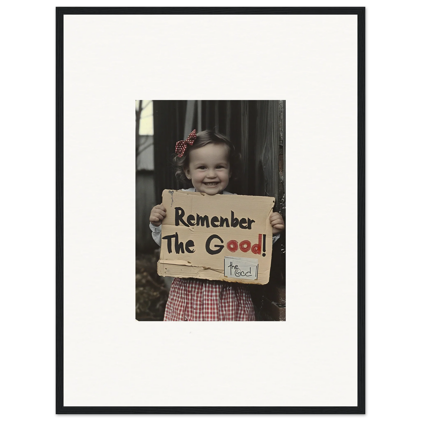 Framed black-and-white photo with handwritten sign Remember The Good in Smiles Forlornly Singing