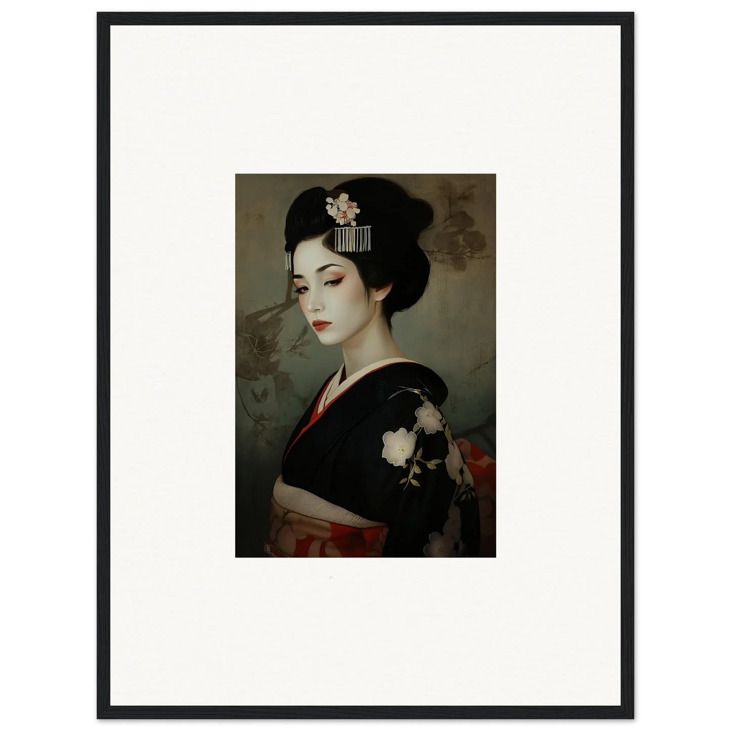 Geisha in black kimono with flowers, part of Cherry Dream Surrealism framed wall art