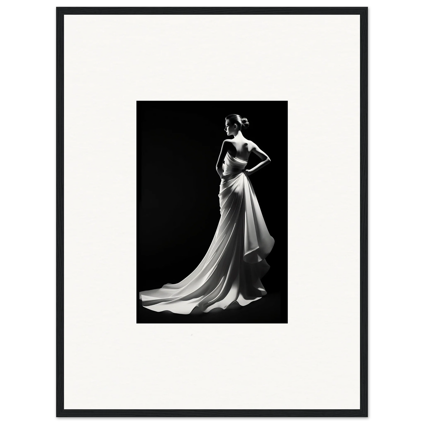 Black and white photo of an elegant evening gown showcasing ephemeral grayscale elegance