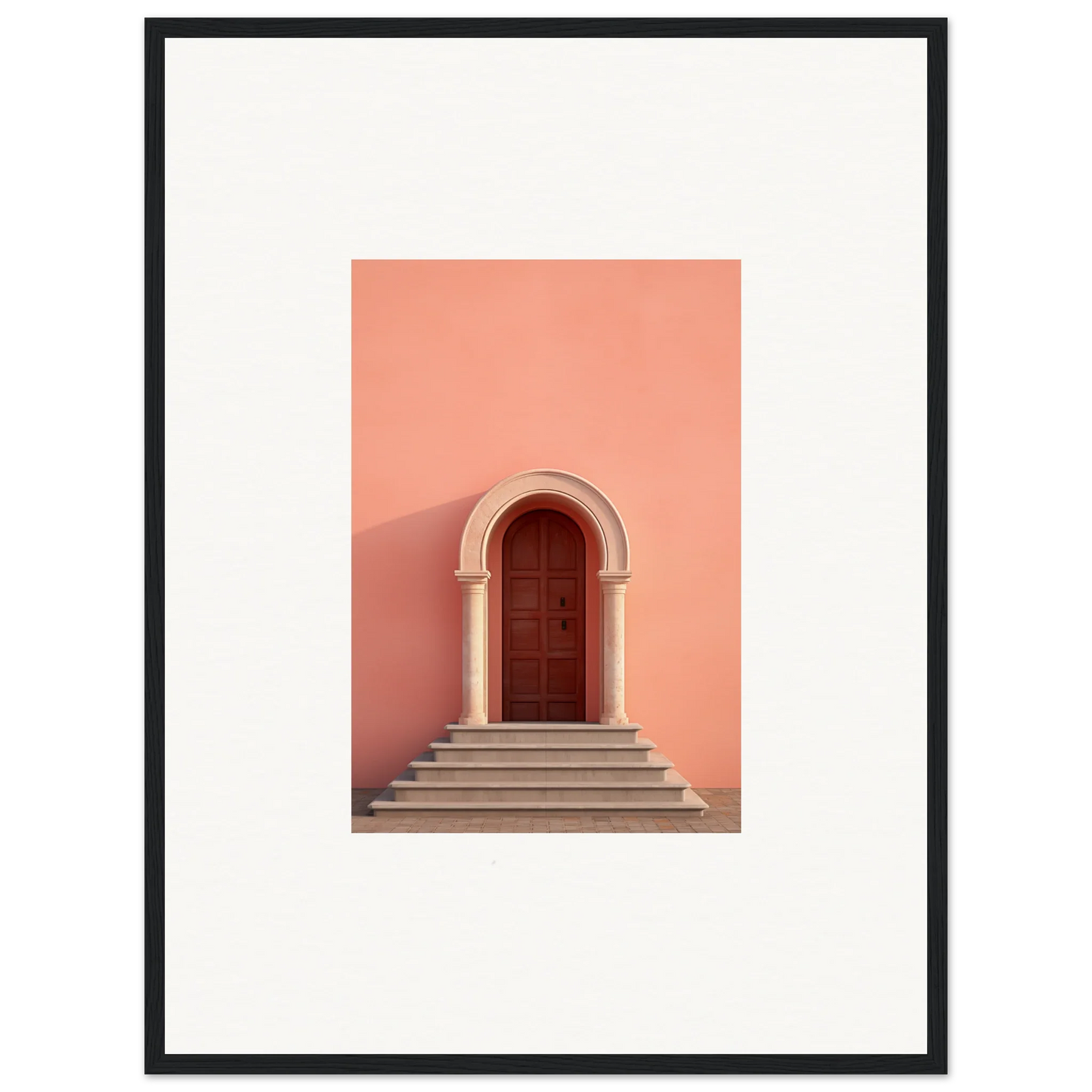 Arched wooden door on stone steps against coral wall, an Ethereal Sunset Gateway