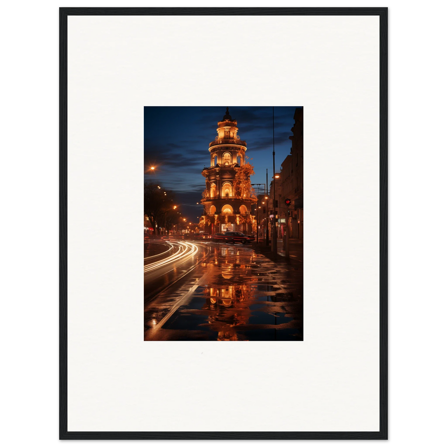 Illuminated bell tower reflecting in wet street, featured in Luminous Neo’ici Dops art