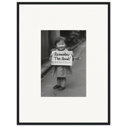 Black and white photo of a child with Remember The Good sign in Whimsy Echo Memory art