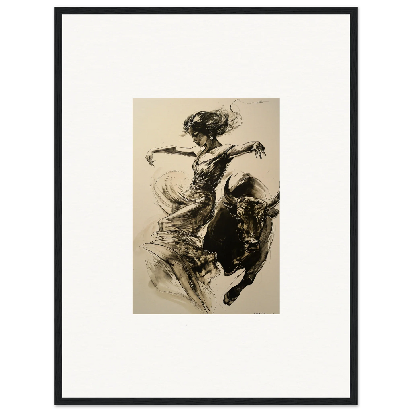 Dynamic black and white sketch of a bullfighter and bull for Resilient Dancer Flame framed wall art