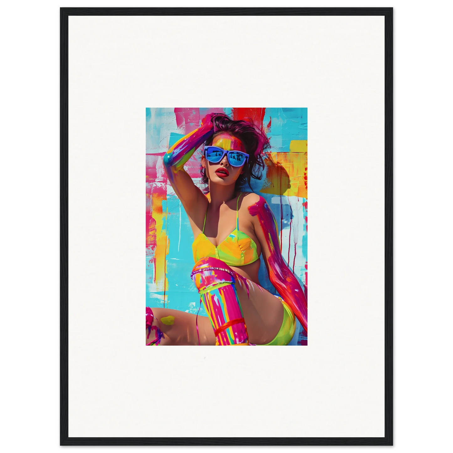 Vibrant pop art canvas print of a woman in summer gear, perfect for room decoration