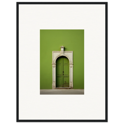 Green wooden door with arched stone frame for Green Origins special edition art™