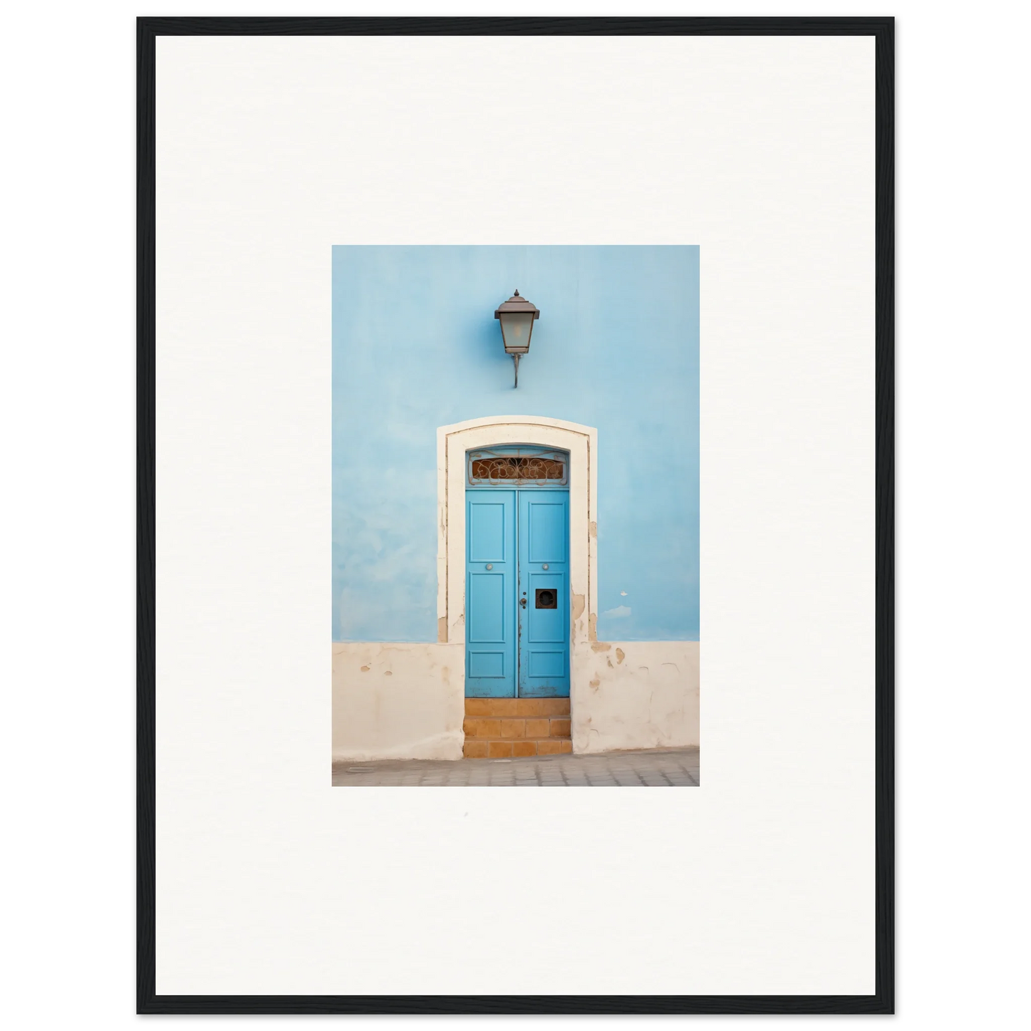 Bright blue wooden door with white trim and a lantern for Surreal Azure Vesaurrezz