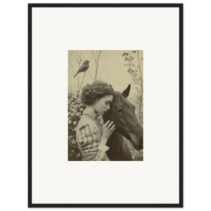 Framed vintage photograph of a woman and horse perfect for room decoration or wall art