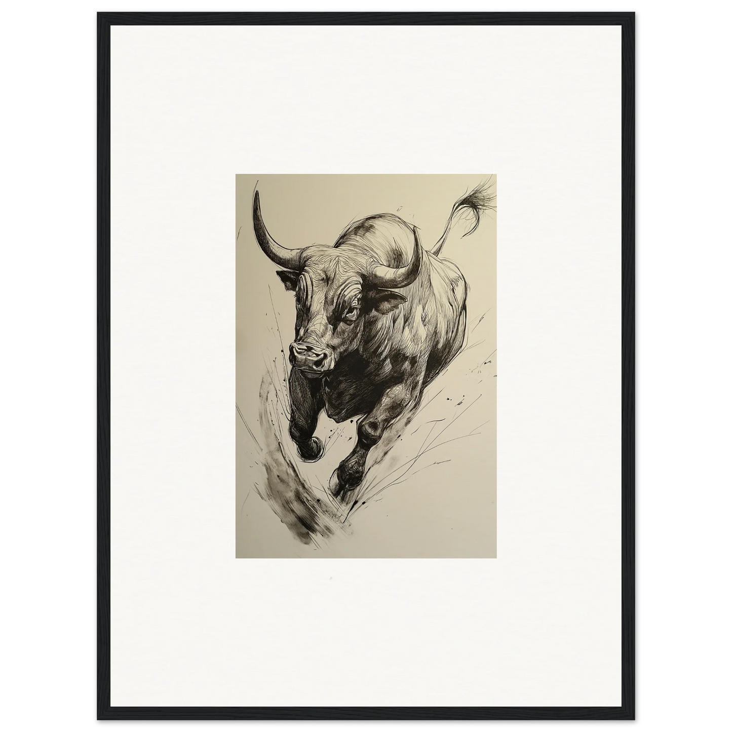 Charging bull in dramatic black and white brushstrokes for Ebullient Storm Release