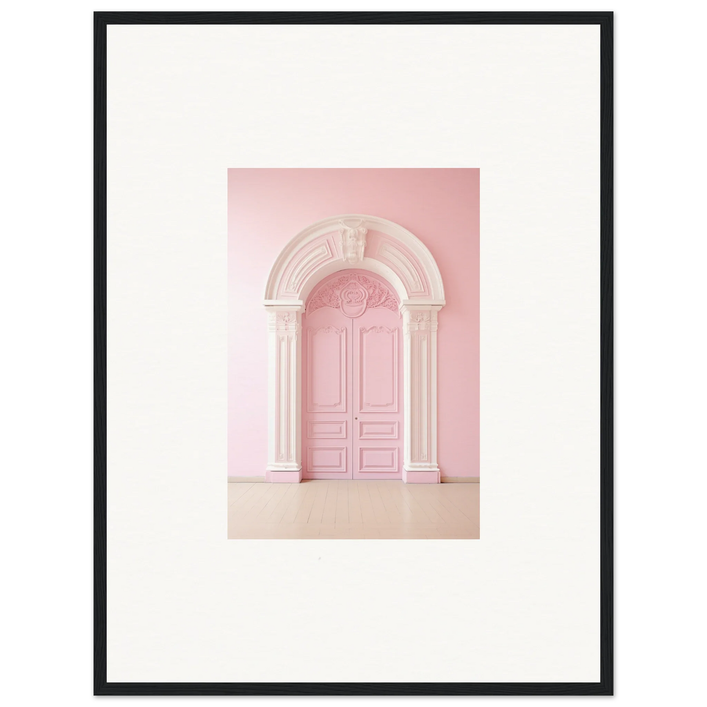 Ornate pink door with arched frame in Portal Fantasies Unfurled framed wall art