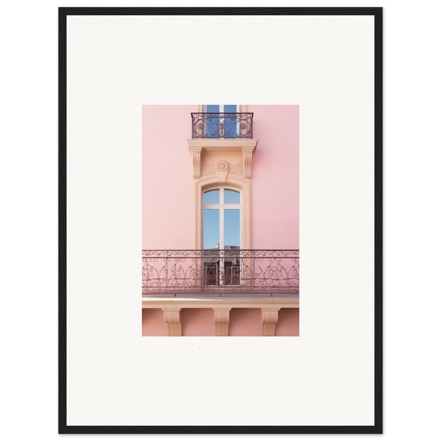 Pink balcony with ornate wrought iron railings in Dusky Dream Balustrade art